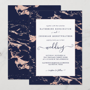 Invitation Mariage en marbre or Rose bleu Chic Navy