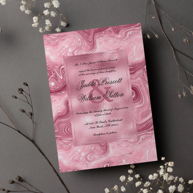 Invitation Mariage en marbre parties scintillant rose bordeau (Luxury pink burgundy glitter marble Wedding)