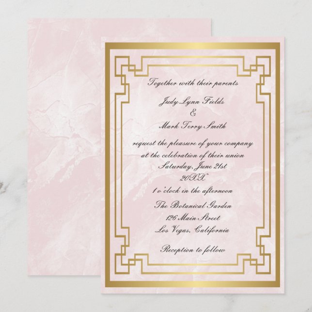 Invitation Mariage en marbre rose cadre géométrique or (Devant / Derrière)