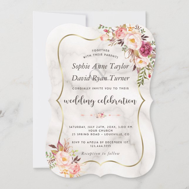 Invitation Mariage en marbre rose floral luxueux (Devant)
