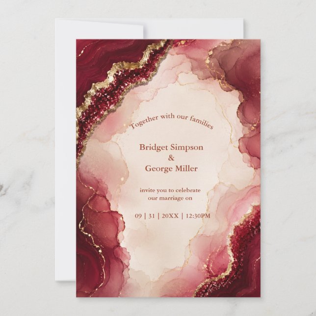 Invitation Mariage en marbre Ruby Burgundy Agate Luxe (Devant)