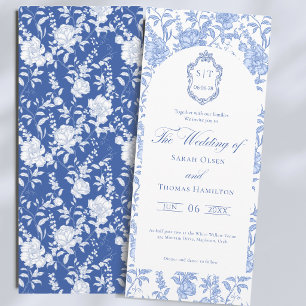 Invitation Mariage en Monogramme de Style Chinois Floral Bleu