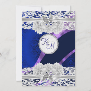 Invitation Mariage en monogramme en dentelle blanche bleu mar