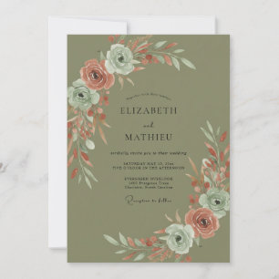 Invitation Mariage en olive terracotta ranunculus eucalyptus