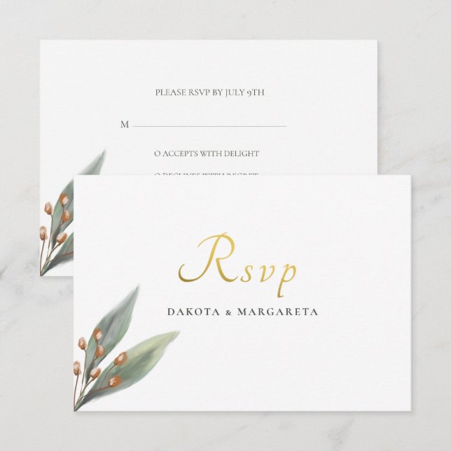 Invitation Mariage en or botanique à feuilles vertes élégant  (Devant / Derrière)