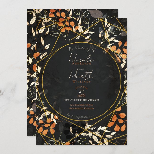 Invitation Mariage en or orange foncé à l'automne (Devant / Derrière)