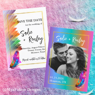 Invitation Mariage en plume arc-en-ciel Enregistrer la date