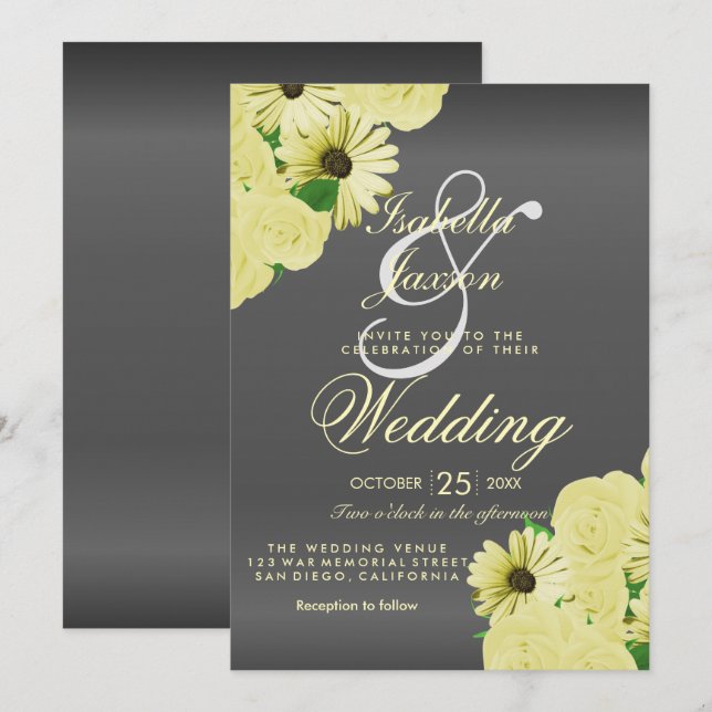 Invitation Mariage en Satin Gris et Jaune Pastel de Mariage (Devant / Derrière)