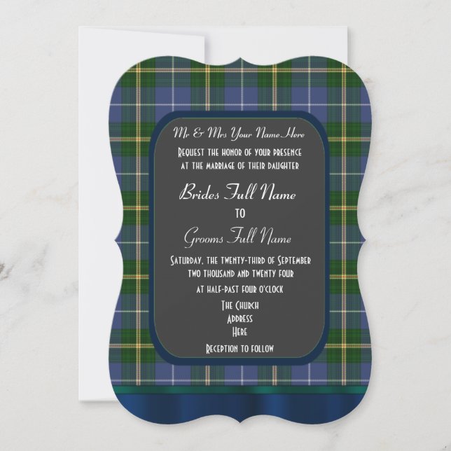 Invitation mariage en tartan bleu et vert (Devant)