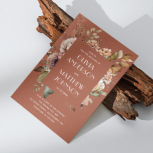 Invitation Mariage en Terracotta Chaud   QR Bohème Floral Élé