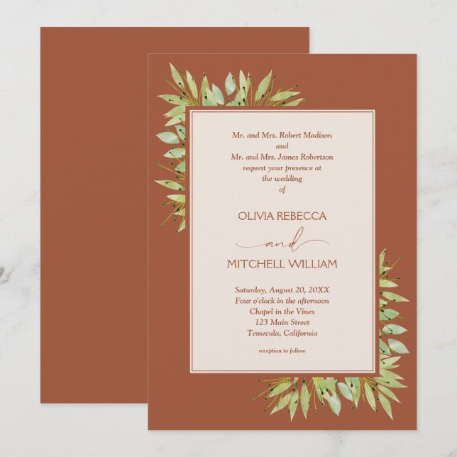 Invitation Mariage en terre cuite du feuillage botanique (Devant / Derrière)