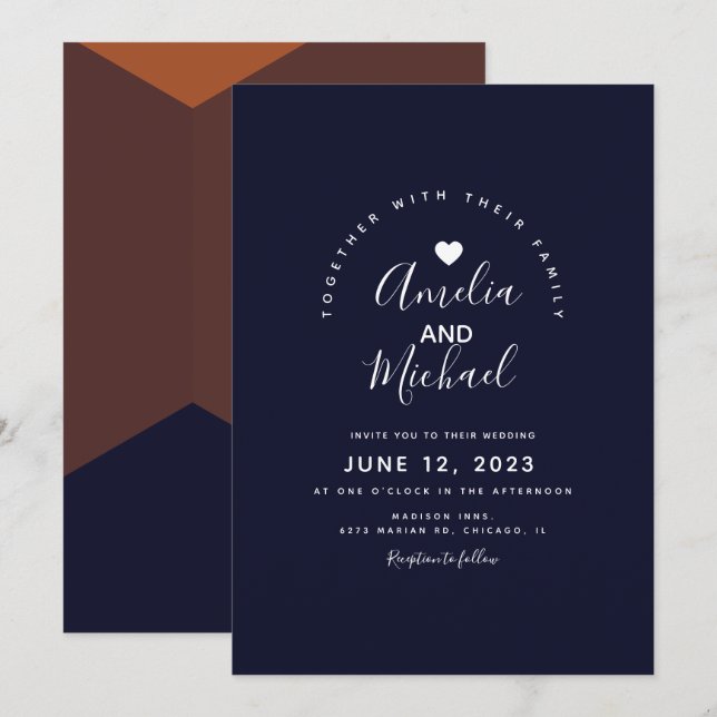 Invitation Mariage en terre cuite foncée de la marine moderne (Devant / Derrière)