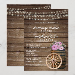 Invitation Mariage en tonneau de bois rustique avec jolie flo