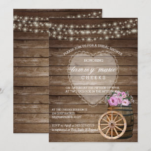 Invitation Mariage en tonneau rustique et fleurs roses