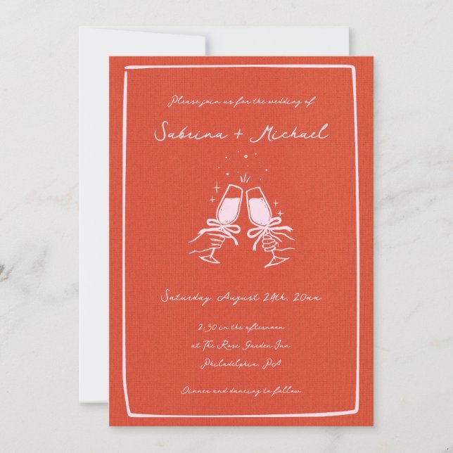Invitation Mariage en verre blanc orange et rose à main (Devant)