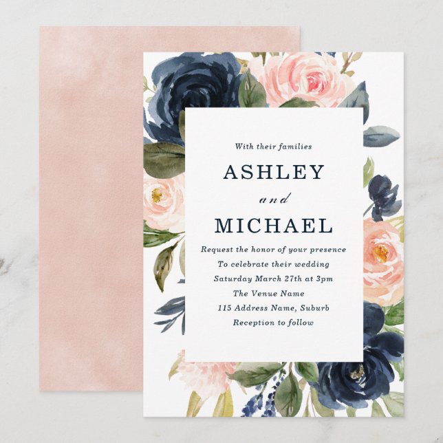 Invitation Mariage encadré Marine & Blush Watercolor (Devant / Derrière)