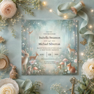 Invitation Mariage enchanté de forêt aux tons de thé et de pê