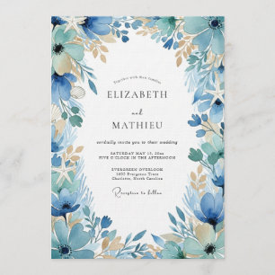 Invitation Mariage Enchanté Floral Bleu et Impressionniste