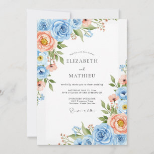 Invitation Mariage Enchantement Floral Corail Bleu