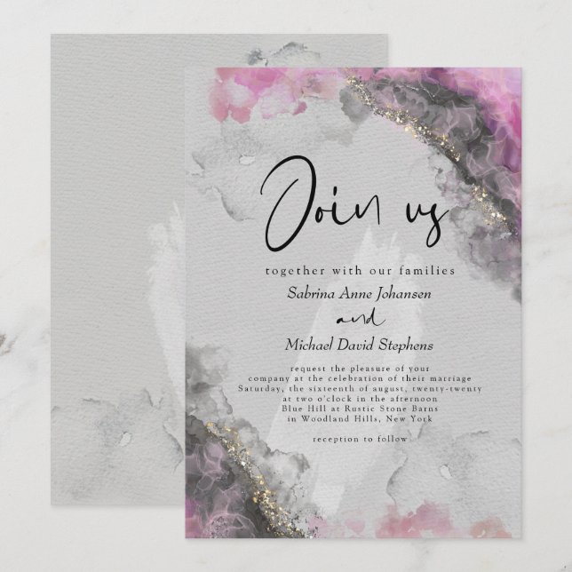 Invitation MARIAGE | Encre Abstraite d'alcool rose et onyx (Devant / Derrière)