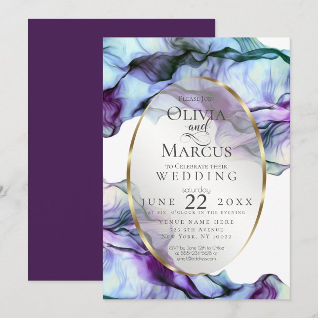 Invitation MARIAGE | Encre Abstraite Turquoise de prune vibra (Devant / Derrière)