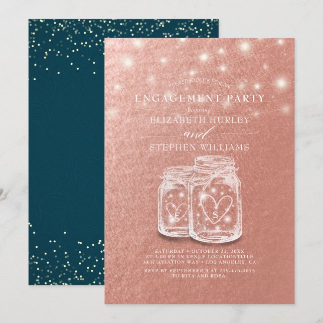 Invitation Mariage Engagement Party Chic Mason Jars Rose Gold (Devant / Derrière)
