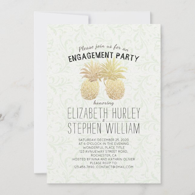 Invitation Mariage Engagement Party Elegant Gold Pineappes (Devant)