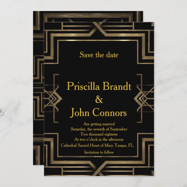Invitation Mariage Enregistrer la Date, noir & or, grand-Gats (Devant / Derrière)