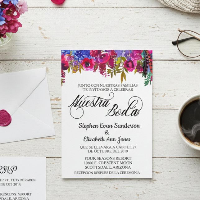 Invitation Mariage espagnol Bold Boho Fleur Nuestra Boda (Créateur téléchargé)