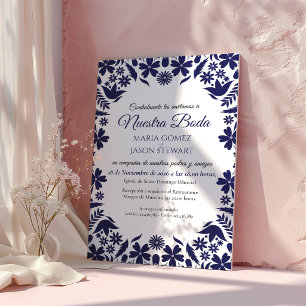 Invitation Mariage Espagnol Classique Esthétique Floral Bleu 