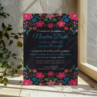 Invitation Mariage espagnol élégant et fleuri couleur marine