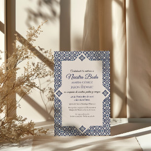 Invitation Mariage Espagnol Élégant Formel Talavera Blanc Mar