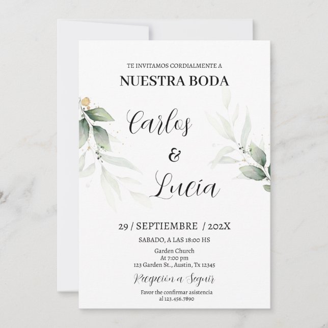 Invitation Mariage espagnol Eucalyptus vert (Devant)