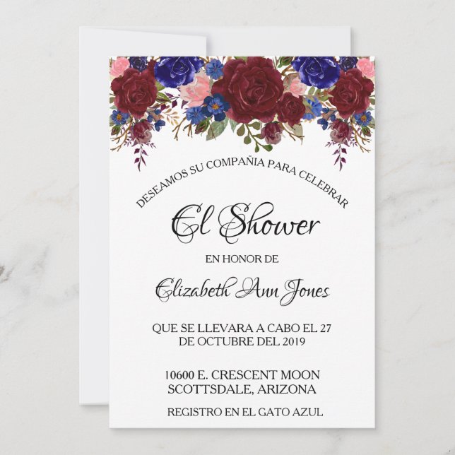 Invitation Mariage Espagnol Fleurs Navy Bordeaux (Devant)
