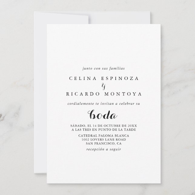 Invitation Mariage espagnol minimaliste noir et blanc (Devant)