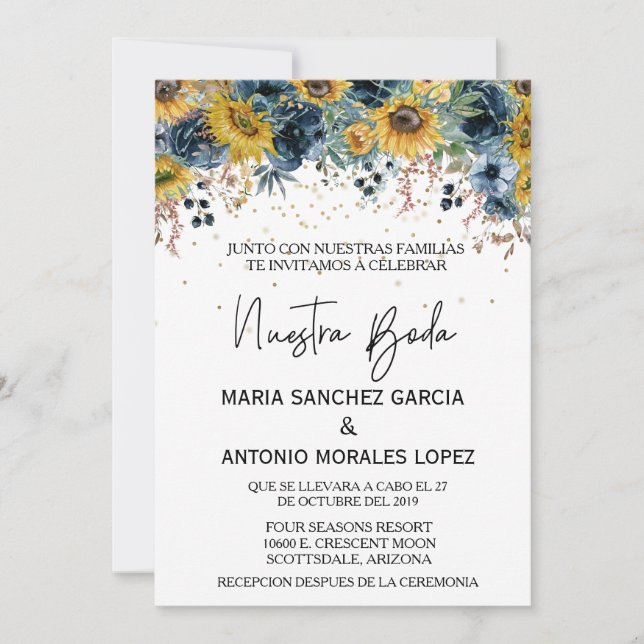 Invitation Mariage espagnol Nuestra Boda Blue Sunflower (Devant)