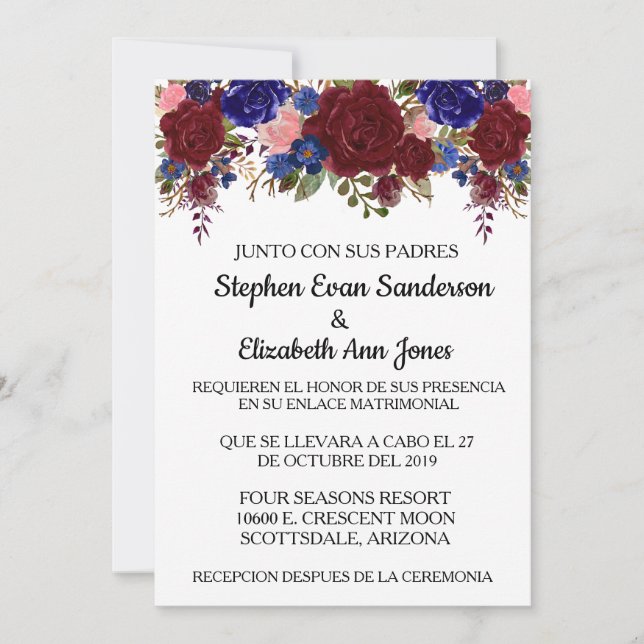 Invitation Mariage espagnol Rose Bourgogne marine aquarelle (Devant)
