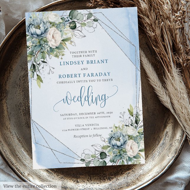 Invitation Mariage éternel Dusty Blue Silver Peonies (Timeless Dusty Blue White Silver Peonies Wedding Invitation)