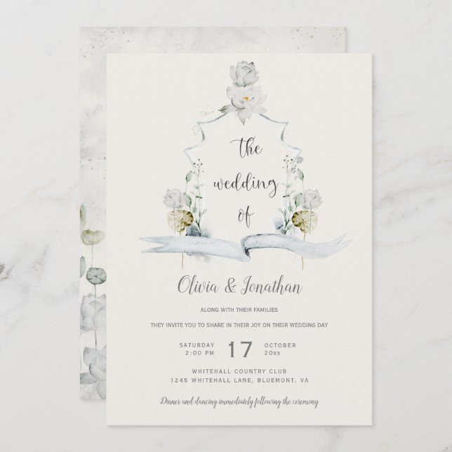Invitation Mariage Ethereal White Floral Sage Green Crest (Devant / Derrière)
