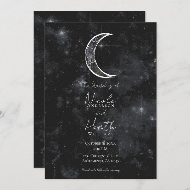 Invitation Mariage étoile noir blanc Lune céleste (Devant / Derrière)