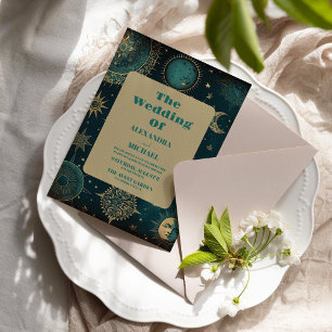 Invitation Mariage Étoiles Dorées Vert Minuit Céleste
