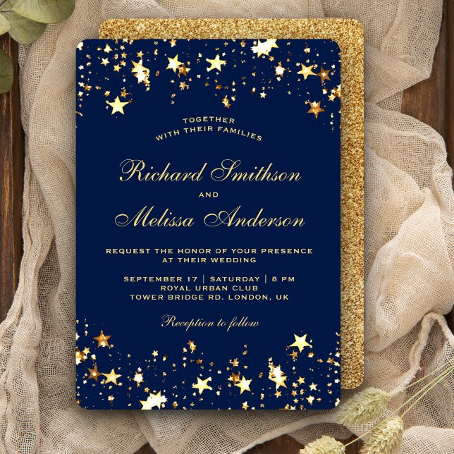 Invitation Mariage Étoiles Pailletées Bleu Or Glamour (Créateur téléchargé)