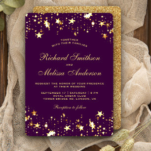 Invitation Mariage Étoiles Paillettes Faux Or Violet Glamour