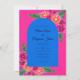 Invitation Mariage Eucalyptus Cobalt Daisy Magenta
