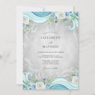 Invitation Mariage Eucalyptus Cyan Argent Filigrane