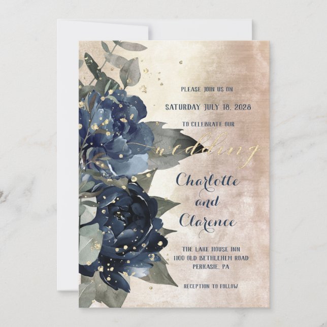 Invitation Mariage Eucalyptus de Champagne Gold Navy (Devant)