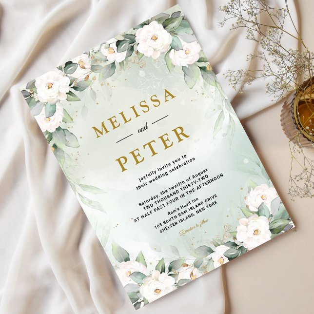 Invitation Mariage Eucalyptus Green Gold & White Roses (Créateur téléchargé)