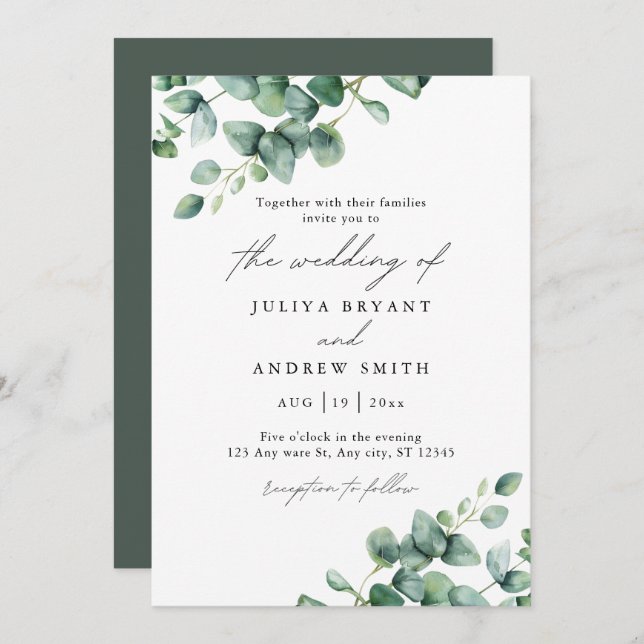 Invitation Mariage Eucalyptus vert (Devant / Derrière)