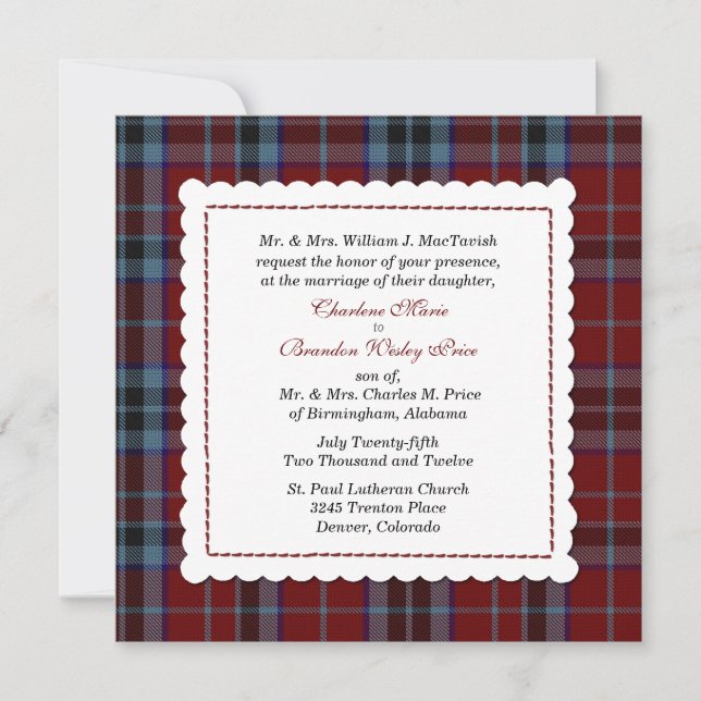 Invitation Mariage fait sur commande bleu et rouge de plaid (Devant)