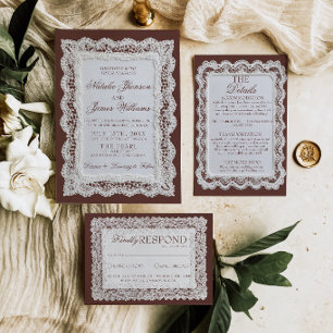 Invitation Mariage Fancy Chocolat Brun Dentelle Ancien Argent